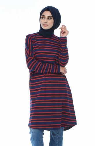 Bat Sleeve Striped Tunic Navy Blue Red 7921-01