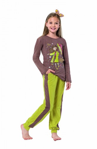 Kız Çocuk Uzun Kol Pijama Takımı 6117 Kahverengi Fıstık Yeşili