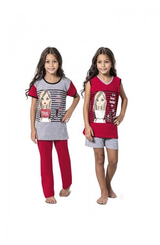 Ensemble Pyjama 4 Pieces Pour Fille 7050 Gris Rouge 7050