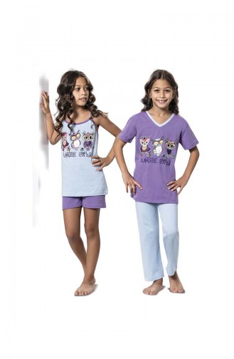 Ensemble Pyjama 4 Pieces Pour Fille 7053 Bleu Bébé Lila 7053