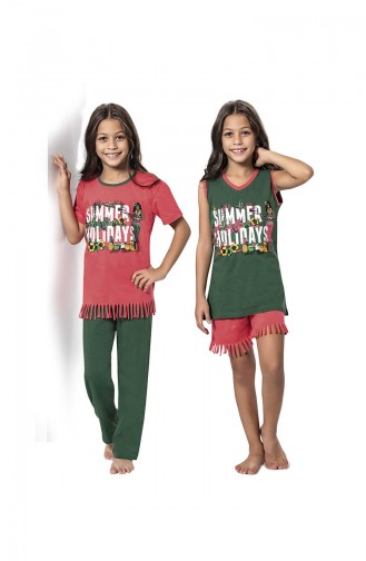 Kız Çocuk 4 lü Pijama Takımı 7058 Pembe Kına Yeşili