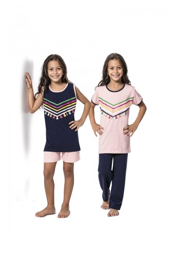 Ensemble Pyjama 4 Pieces Pour Fille 7061 Bleu Marine Poudre 7061