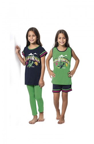 Kız Çocuk 4 lü Pijama Takımı 7072 Yeşil Lacivert