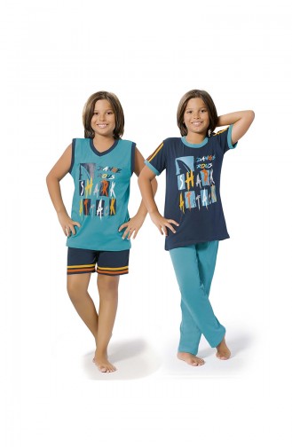 Ensemble Pyjama 4 Pieces Pour Garçon 8073 Pétrol Clair Bleu Marine 8073