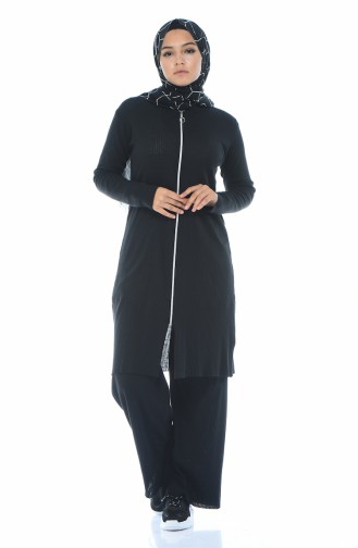 Triko Fermuarlı Tunik Pantolon İkili Takım 7702-01 Siyah