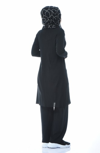 Triko Fermuarlı Tunik Pantolon İkili Takım 7702-01 Siyah