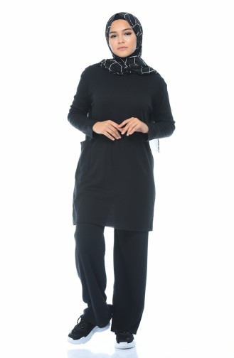 Triko Cepli Tunik Pantolon İkili Takım 2216-01 Siyah