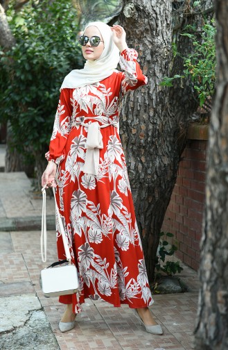 Palmiye Desenli Kuşaklı Elbise 8002-01 Kiremit