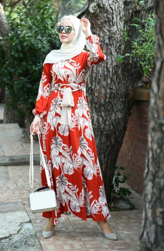 Belted Patterned Palm Dress Brick 8002-01