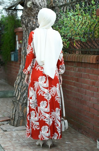 Belted Patterned Palm Dress Brick 8002-01