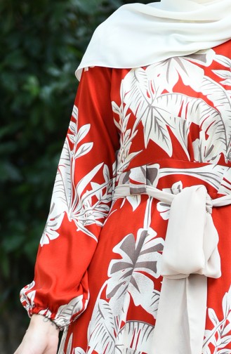 Palmiye Desenli Kuşaklı Elbise 8002-01 Kiremit