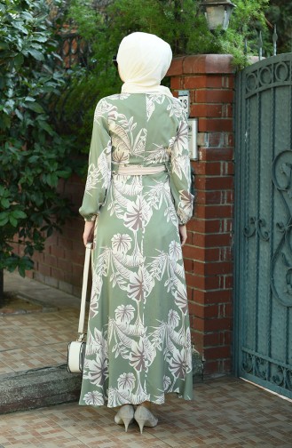 Palmiye Desenli Kuşaklı Elbise 8002-02 Çağla Yeşili