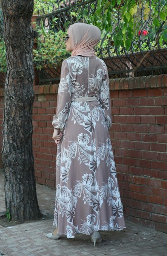 Palmiye Desenli Kuşaklı Elbise 8002-03 Pudra