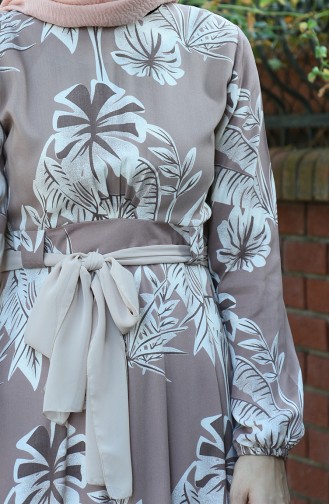 Palmiye Desenli Kuşaklı Elbise 8002-03 Pudra