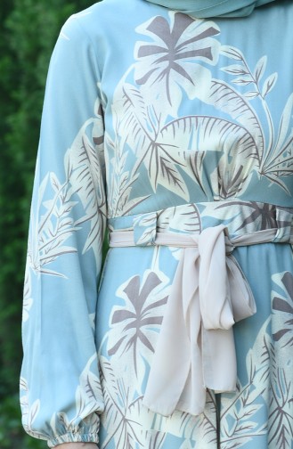 Palmiye Desenli Kuşaklı Elbise 8002-05 Su Yeşili