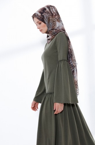 Skirt And Sleeve Pleated Dress Khaki 5038-02