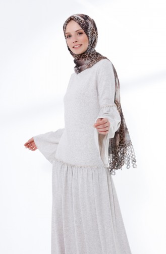 فستان بأكمام وتنورة مطوية بيج 5038-11