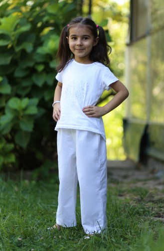 Bol Paça Lastikli Çocuk Pantolonu 25080-01 Beyaz