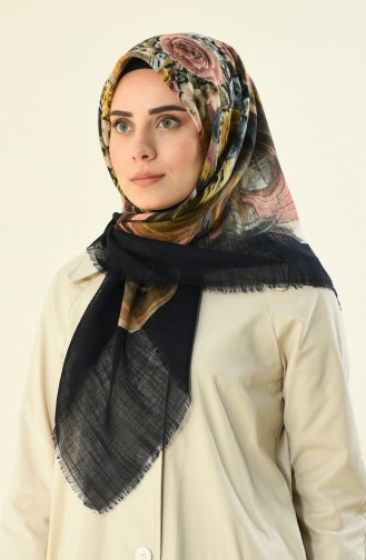 Desenli Flamlı Pamuksu Eşarp 2366-01 Lacivert