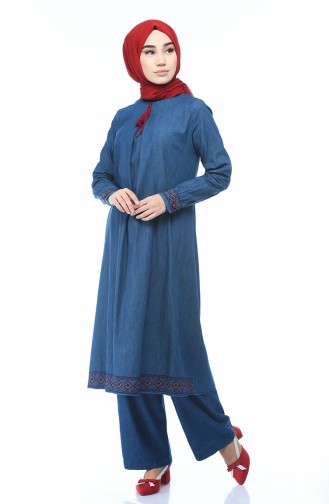 Nakışlı Tunik Pantolon İkili Takım 9588-01 Lacivert