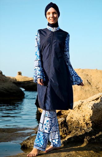 Maillot de Bain Hijab a Motifs Manches Volantes 19101-01 Bleu Marine 19101-01