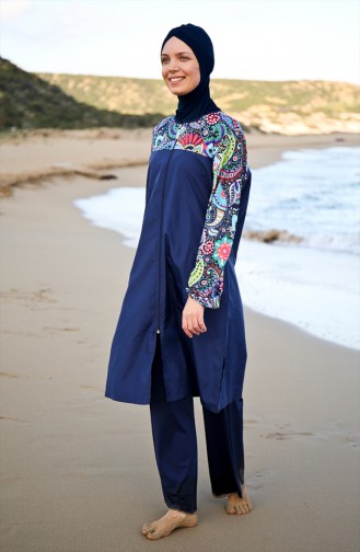 Patchwork Hijab Badeanzug 19109-01 Dunkelblau 19109-01