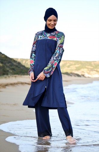 Patchwork Hijab Badeanzug 19109-01 Dunkelblau 19109-01