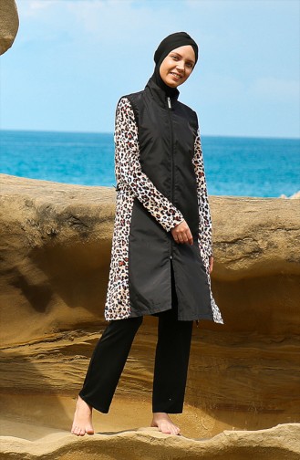 Leopard Gemusterter Hijab Badeanzug 19103-01 Schwarz 19103-01