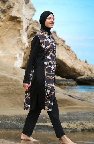Gemusterter Hijab Badeanzug 1984-01 Schwarz 1984-01