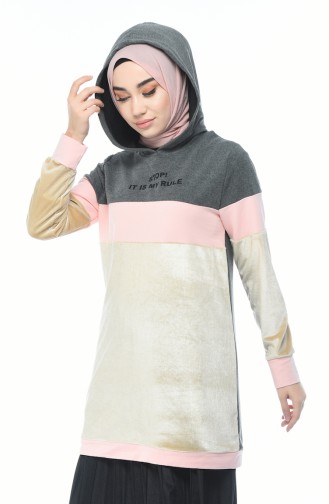 Kadife Garnili Sweatshirt 19085-02 Füme Bej