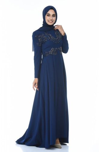 Navy Blue Hijab Evening Dress 9516-02