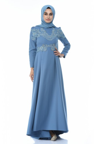 Robe de Soirée a Dentelle 9516-04 Bleu Glacé 9516-04