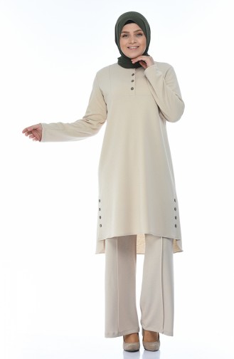 Plus Size Button Detailed Tunic Trousers Double Suit 0888-01 Beige 0888-01