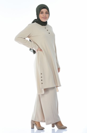 Grosse Grösse Geknöpfte Tunika Hose Doppel Set 0888-01 Beige 0888-01