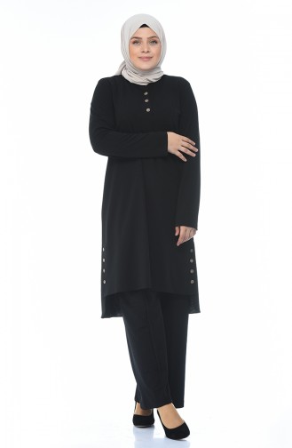 Plus Size Button Detailed Tunic Trousers Double Suit 0888-03 Black 0888-03