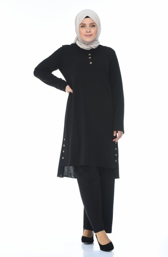 Plus Size Button Detailed Tunic Trousers Double Suit 0888-03 Black 0888-03