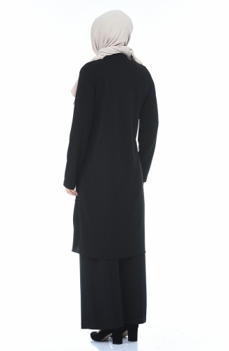 Plus Size Button Detailed Tunic Trousers Double Suit 0888-03 Black 0888-03