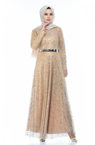 Mustard Hijab Evening Dress 3805-05