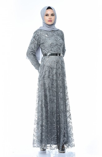 Gray Hijab Evening Dress 3806-01