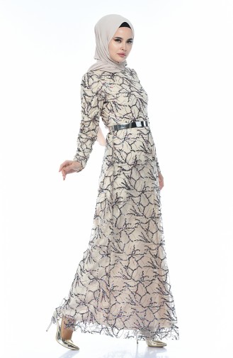 Beige Hijab Evening Dress 3806-02