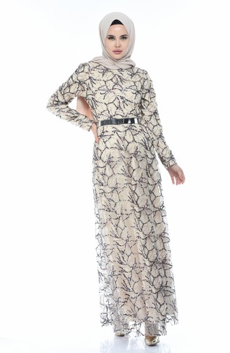 Beige Hijab Evening Dress 3806-02