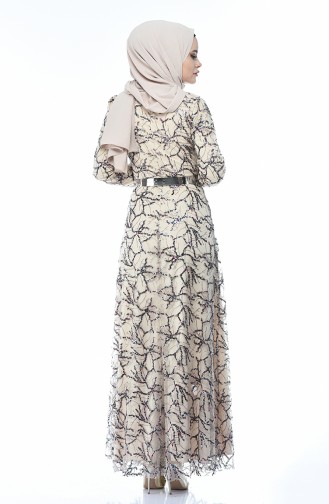 Beige Hijab Evening Dress 3806-02