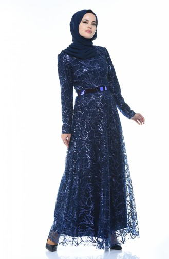 Belted Sequined Evening Dress 3806-03 Navy Blue 3806-03