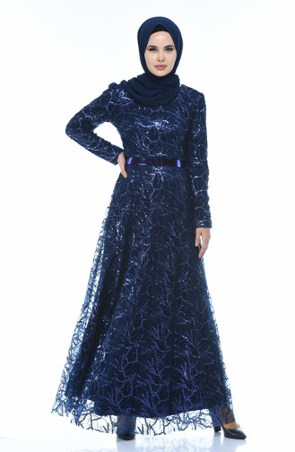 Belted Sequined Evening Dress 3806-03 Navy Blue 3806-03