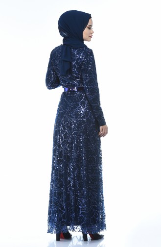 Belted Sequined Evening Dress 3806-03 Navy Blue 3806-03