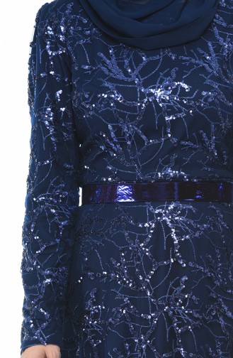 Robe de Soirée a Ceinture et Paillettes 3806-03 Bleu Marine 3806-03