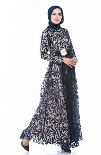 Navy Blue Hijab Evening Dress 5037-05
