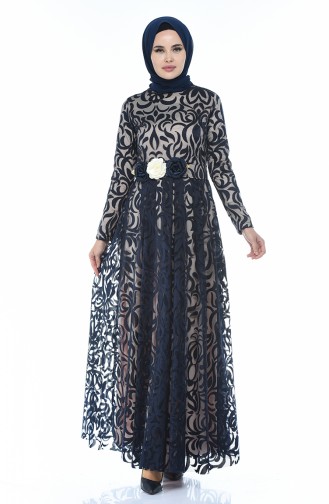 Navy Blue Hijab Evening Dress 5037-05