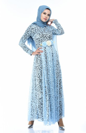 Robe de Soirée a Dentelle 5037-07 Bleu Bébé 5037-07