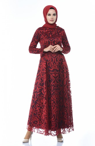 Claret Red Hijab Evening Dress 5038-02